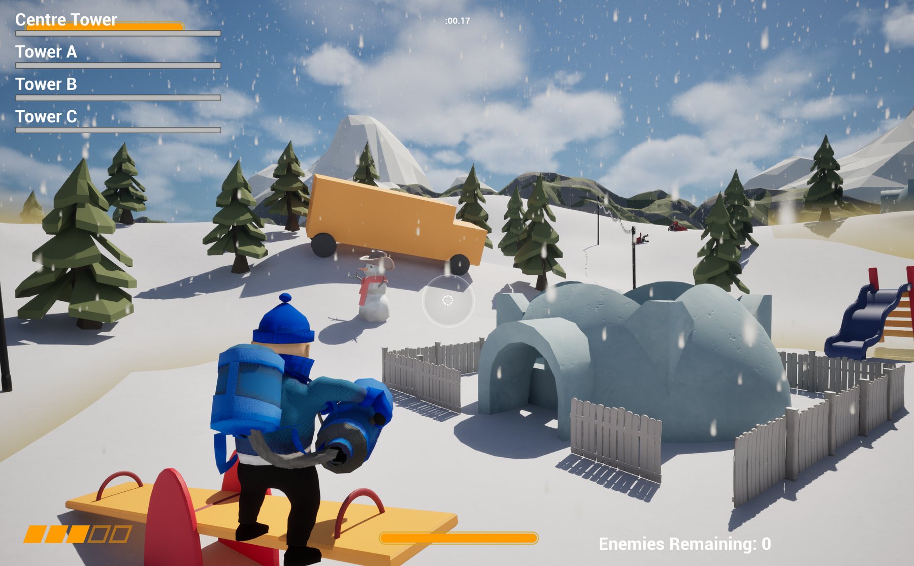 Player defending the snow arena in Baby's First Tower Defence, with tower health bars and an enemy counter on screen
