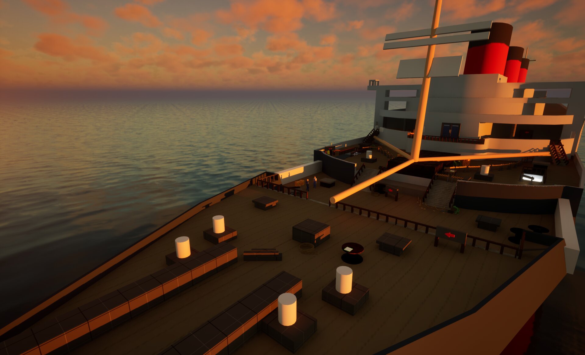 Bow of the RMS Queen Mary at sunset in the Hull and Horizon build